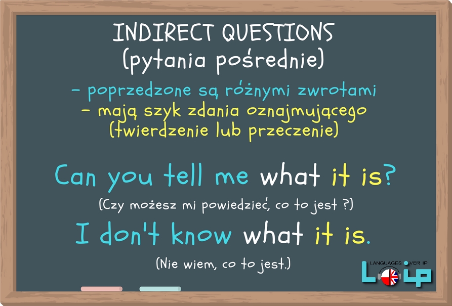 Pytanie pośrednie (INDIRECT QUESTION) występuje po zwrotach i ma szyk zdania oznajmującego. Angielski z LOIP.